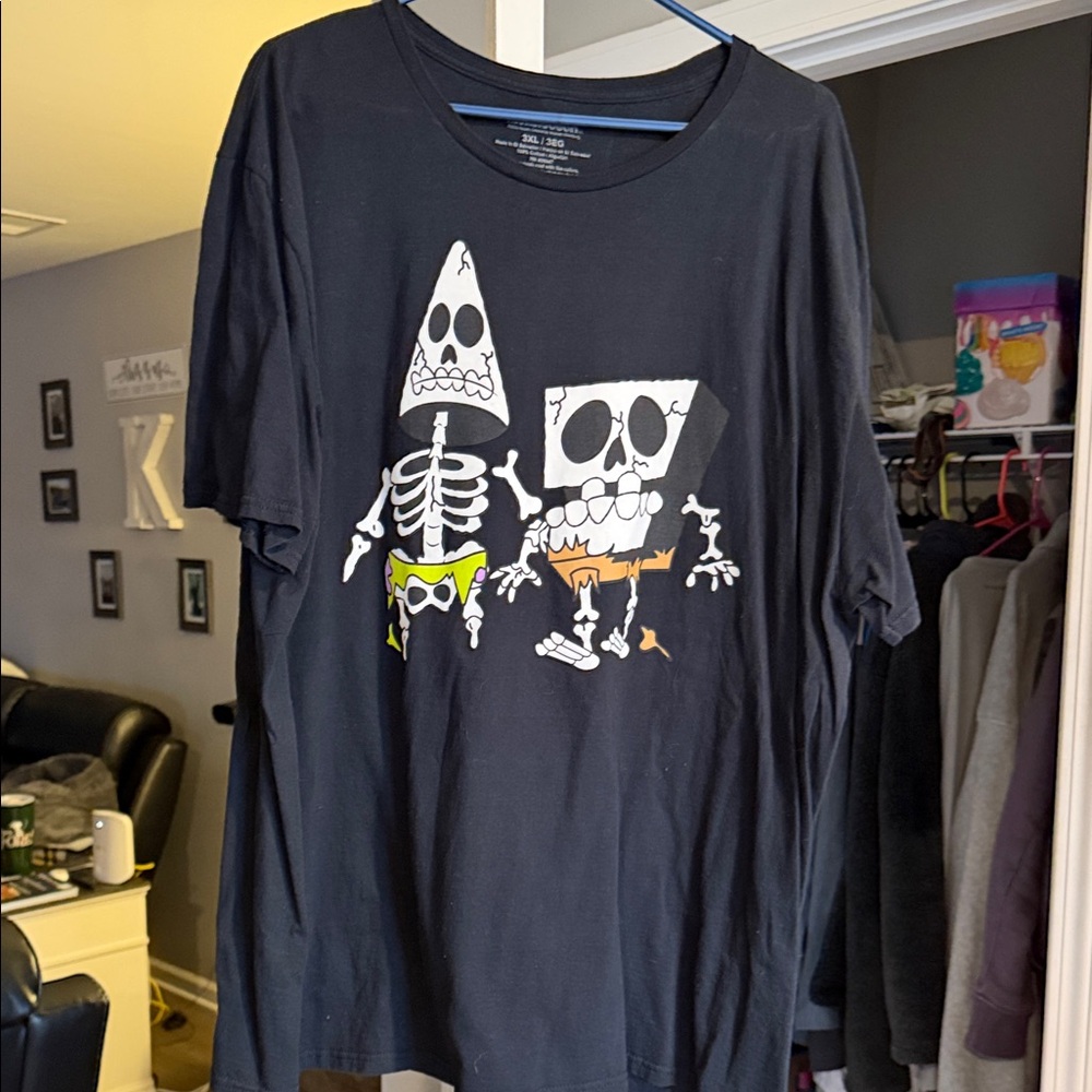 Men’s XXXL SpongeBob Black Graphic T-Shirt with Skeleton Design